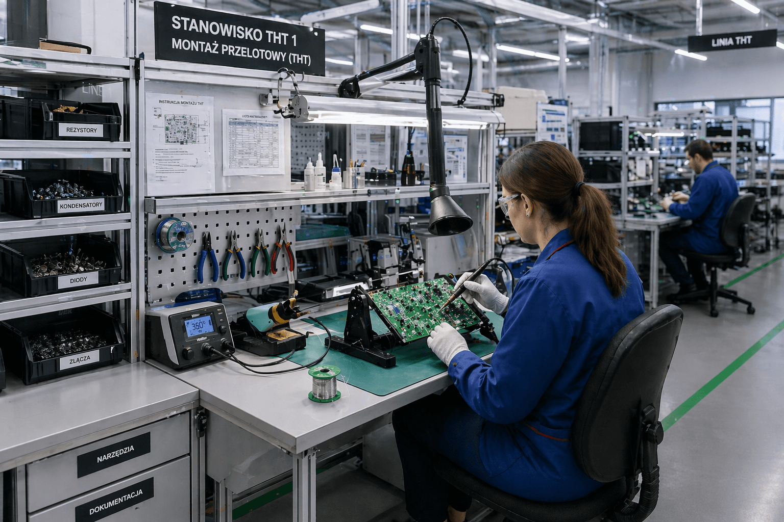 Stanowisko do montażu THT w zakładzie produkcji elektroniki